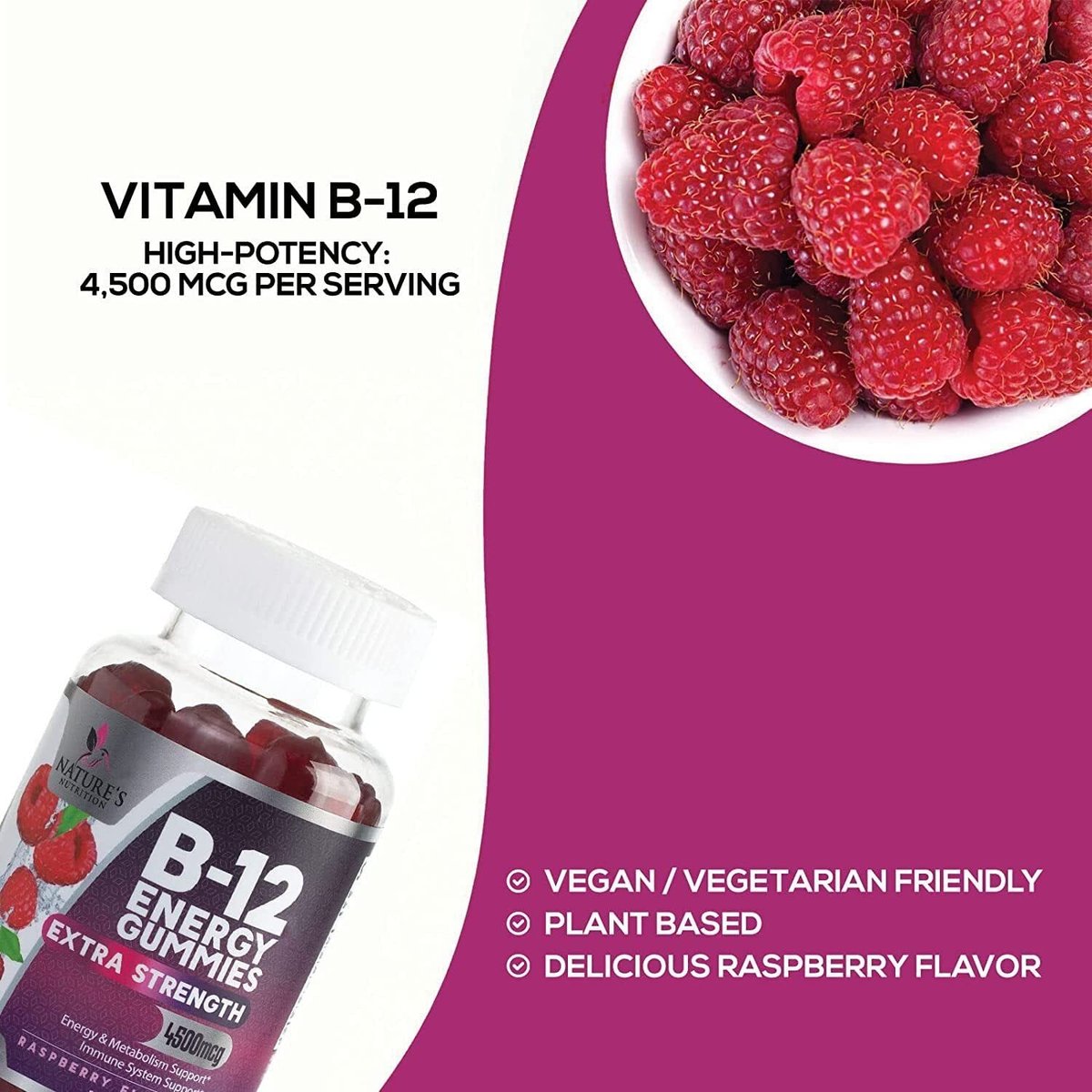 B12 Energy Gummies - 4500 mcg Vitamin B12 Per Serving - Extra Strength Chewable B12 Supplement for Energy, Metabolism & Immune Support - For Women, Men & Kids - Natural & Berry Flavored - 60 Gummies - görsel 7