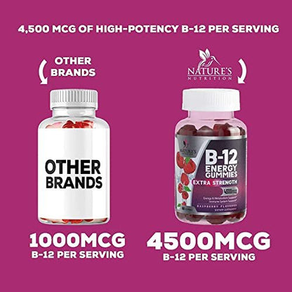 B12 Energy Gummies - 4500 mcg Vitamin B12 Per Serving - Extra Strength Chewable B12 Supplement for Energy, Metabolism & Immune Support - For Women, Men & Kids - Natural & Berry Flavored - 60 Gummies