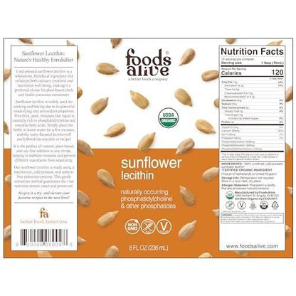 Foods Alive Organic Sunflower Lecithin Liquid, Cold-Pressed, Extra-Virgin, Unrefined, 8 Fl Oz (Pack of 1)