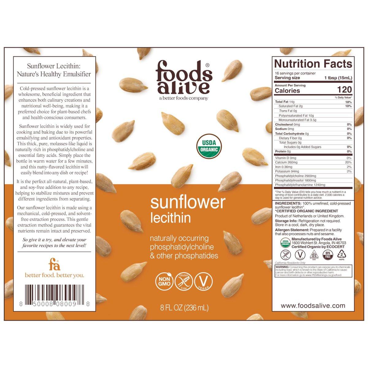 Foods Alive Organic Sunflower Lecithin Liquid, Cold-Pressed, Extra-Virgin, Unrefined, 8 Fl Oz (Pack of 1) - görsel 3