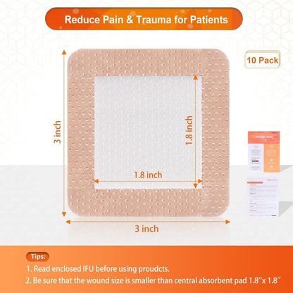 EalionMed Silicone Foam Dressing with Gentle Adhesive Border 3''x3'', 10 Pack, Painless Removal High Absorbency Bed Sore Wound Bandage for Pressure Sore, Leg Ulcer, Diabetic Ulcer