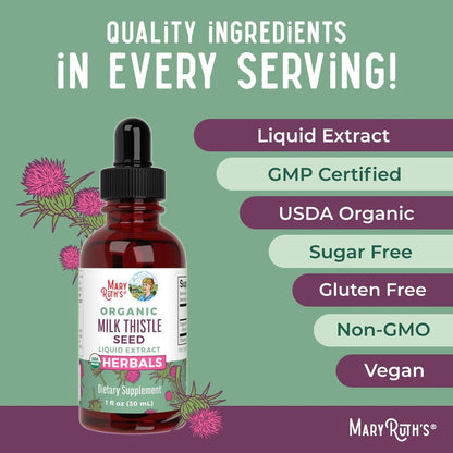 MARYRUTH'S Organic Milk Thistle Seed Liquid Extract Drops, 1 fl oz | 1,190 mg Milk Thistle Seed | Silybum marianum | Alcohol-Free | Vegan | USDA Organic | Non-GMO
