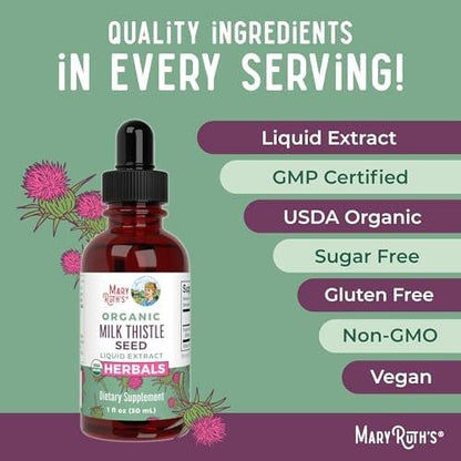 MARYRUTH'S Organic Milk Thistle Seed Liquid Extract Drops, 1 fl oz | 1,190 mg Milk Thistle Seed | Silybum marianum | Alcohol-Free | Vegan | USDA Organic | Non-GMO
