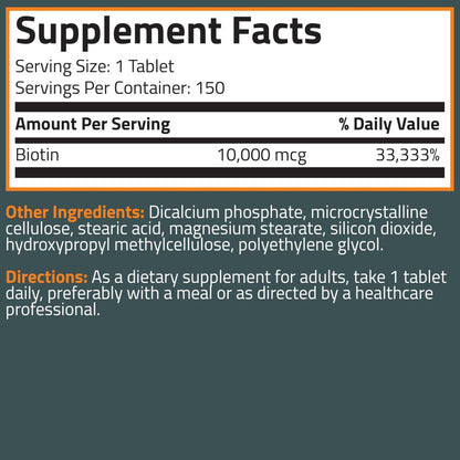 Bronson Biotin 10,000mcg, Supports Healthy Hair, Skin and Nails, Vegetarian, Non-GMO, 150 Tablets