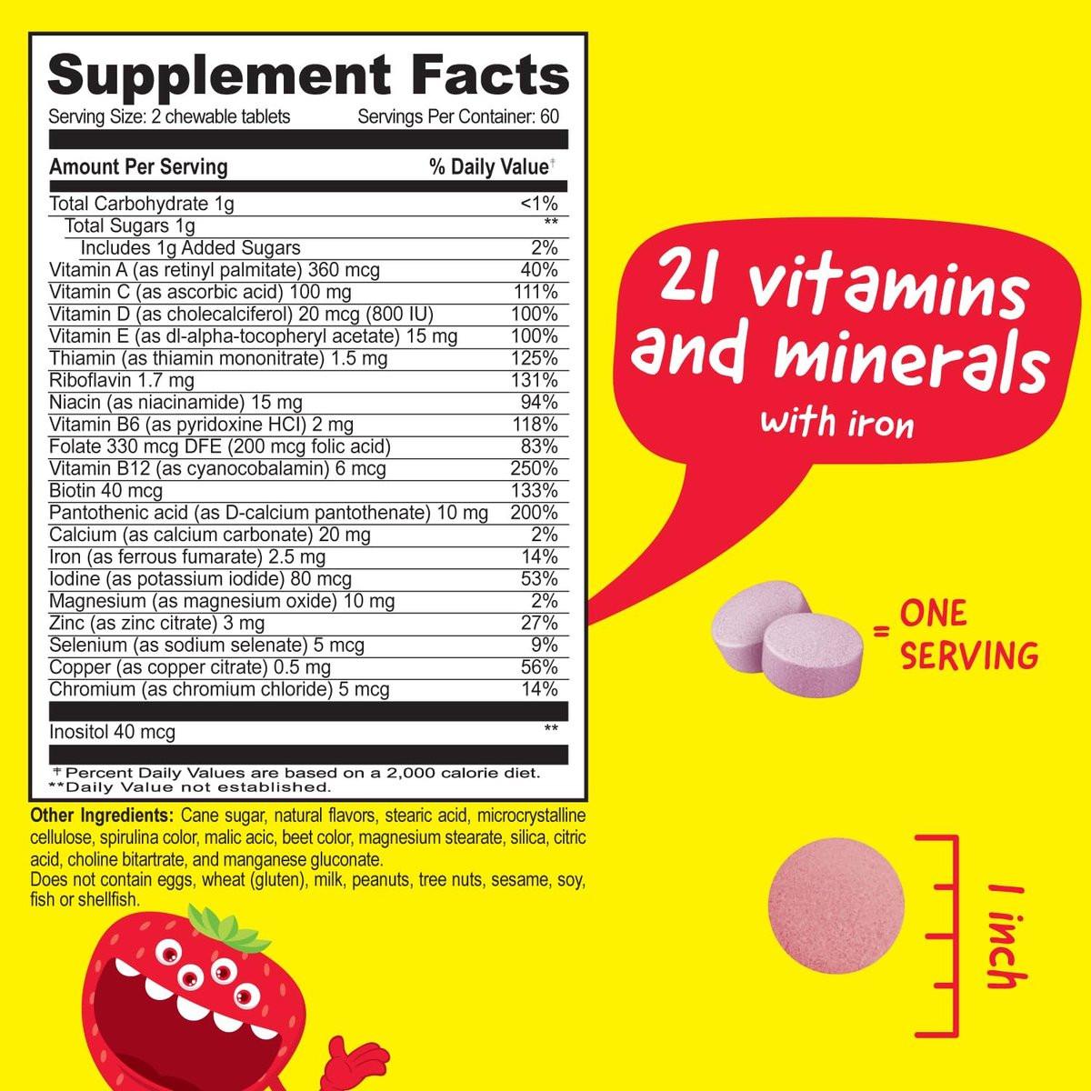 Kids Multivitamin with Iron & Minerals Chewable Tablets - Mixed Fruit Flavor - Vegetarian, GMO-Free, Nut Free - Dietary Supplement - Digestive Support for Children - 120 Chewables - görsel 4