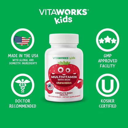 Kids Multivitamin with Iron & Minerals Chewable Tablets - Mixed Fruit Flavor - Vegetarian, GMO-Free, Nut Free - Dietary Supplement - Digestive Support for Children - 120 Chewables