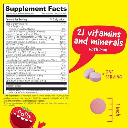 Kids Multivitamin with Iron & Minerals Chewable Tablets - Mixed Fruit Flavor - Vegetarian, GMO-Free, Nut Free - Dietary Supplement - Digestive Support for Children - 120 Chewables - görsel 3