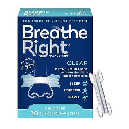 Breathe Right Nasal Strips, Clear Small/Medium Nose Strips, Snoring, Nasal Congestion, Deviated Septum, Allergies, 30 Ct