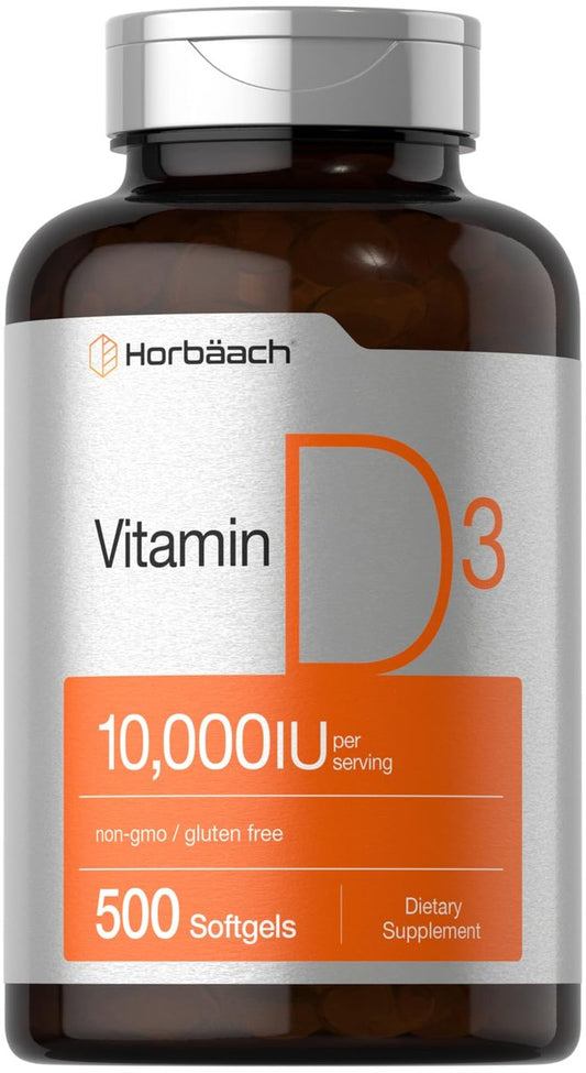 Horbäach Vitamin D3 10000 IU | 500 Softgels | Non-GMO, Gluten Free Supplement | Value Size | 250mcg | High Potency Formula