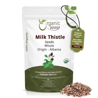 Organic Way Whole Milk Thistle Seeds (Silybum marianum) - Herbal Tea | European Wild-Harvest, Organic & Kosher Certified, Vegan, Non GMO & Gluten Free, USDA Certified, Origin - Albania (4 Oz)