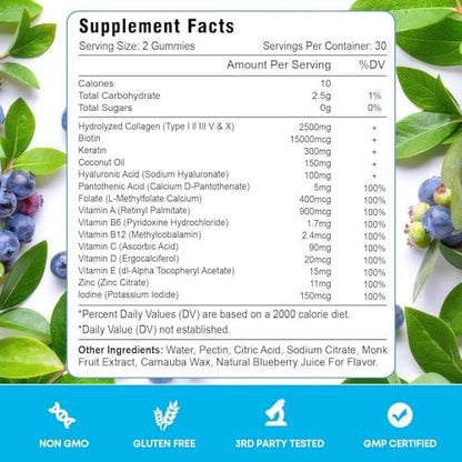 Vazatisi Biotin Gummies with Collagen & Keratin for Hair Skin Nails- Supports Hair Growth and Stronger Nails, Women Men, Kids - 60 Blueberry Flavored Gummies