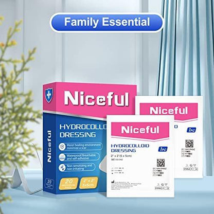 Niceful 20 Count Hydrocolloid Bandages 2"x2", Waterproof Hydrocolloid Dressing Patch, Gel Bandages for Blister & Mild Burn, Bed Sore Bandage