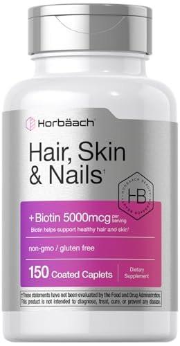 Horbäach Hair Skin and Nails Vitamins | 150 Caplets | with Biotin and Collagen | Supplement for Women and Men | Non-GMO, Gluten Free - görsel 1