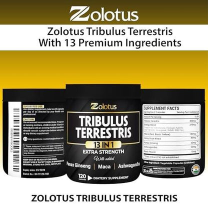 Zolotus 13in1 Tribulus Terrestris Capsules with Maca, Horny Goat Weed, Panax Ginseng, Saw Palmetto, Tongkat Ali, Shilajit & More - Energy, Stamina Supplement for Men & Women - 120 Counts