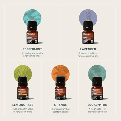 Cliganic Organic Essential Oils Set (Top 5 x 15ml) - 100% Pure Natural - Aromatherapy, Candle Making - Peppermint, Lavender, Eucalyptus, Lemongrass & Orange - görsel 1