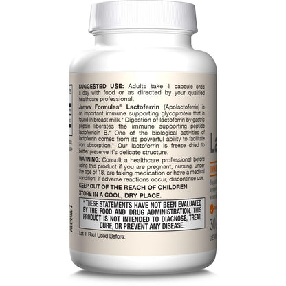 Jarrow Formulas Lactoferrin Supplements 250 mg - Immune-Supporting Glycoprotein for Healthy Immune System Support & Iron Absorption - Freeze Dried, Gluten Free, Non-GMO - 30 Capsules