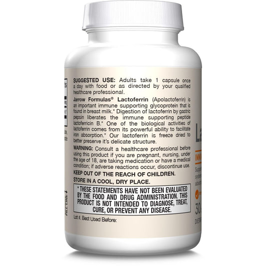 Jarrow Formulas Lactoferrin Supplements 250 mg - Immune-Supporting Glycoprotein for Healthy Immune System Support & Iron Absorption - Freeze Dried, Gluten Free, Non-GMO - 30 Capsules