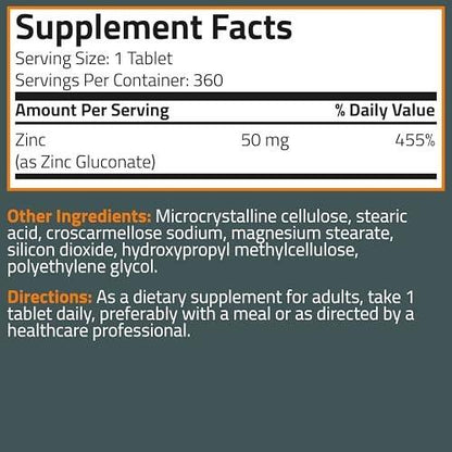 Bronson Zinc 50 MG High Potency Supports Immune, Antioxidant & Skin Health - Non-GMO, 360 Vegetarian Tablets