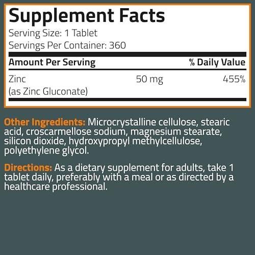 Bronson Zinc 50 MG High Potency Supports Immune, Antioxidant & Skin Health - Non-GMO, 360 Vegetarian Tablets - görsel 13