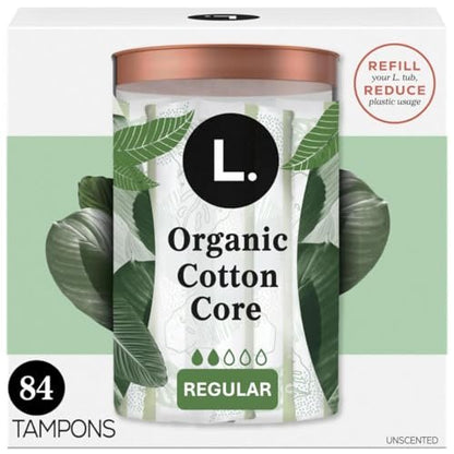 L. Cotton Tampons Regular Absorbency, 84 Count (2 Packs of 42) - Organic Cotton Core, No Synthetic Pesticides or Fragrances