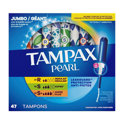 Tampax Pearl Tampons for Women, with LeakGuard Braid, Ultra Absorbency, Unscented, 60 Count