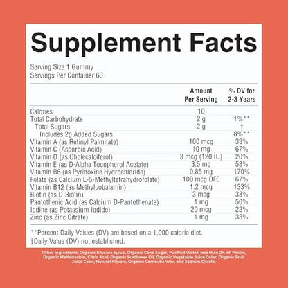 MaryRuth's Toddler Multivitamin Gummies | USDA Organic | 2 Month Supply | Kid & Toddlers Age 2+ Daily Multivitamin: Vitamin C, D3, Zinc | Kids Vitamins | Only 1 Gummy Per Day | 60 Ct (60 Day Supply)