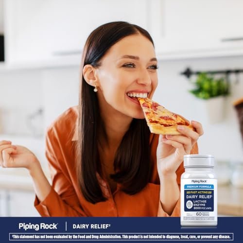 Piping Rock Dairy Relief Pills 8000 FCC | Fast Acting Tablets | 60 Count | Lactase Enzyme Supplement | Premium Formula | Vegetarian, Non-GMO, Gluten Free - görsel 1