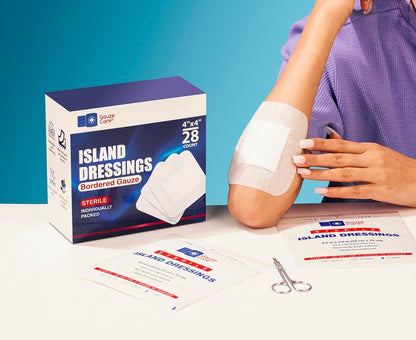 GauzeCare Island Dressing 6x6 (inch) 25 Pcs | Individually Packed Sterile Bordered Dressing | 4x4 Non-Stick Pad in Center with Acrylic Adhesive Borders | Water-Resistant Adhesive Pads for Wound Care