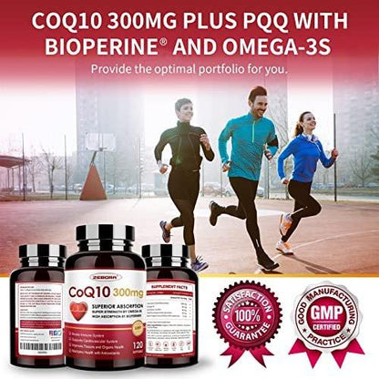 ZEBORA CoQ10-300mg-Softgels with PQQ, BioPerine & Omega-3, 120 Servings Coenzyme Q10 (Ubiquinone) Supplement for High-Absorption, Powerful-Antioxidant, Support Heart-Health & Energy-Production