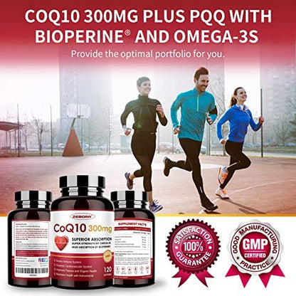 ZEBORA CoQ10-300mg-Softgels with PQQ, BioPerine & Omega-3, 120 Servings Coenzyme Q10 (Ubiquinone) Supplement for High-Absorption, Powerful-Antioxidant, Support Heart-Health & Energy-Production