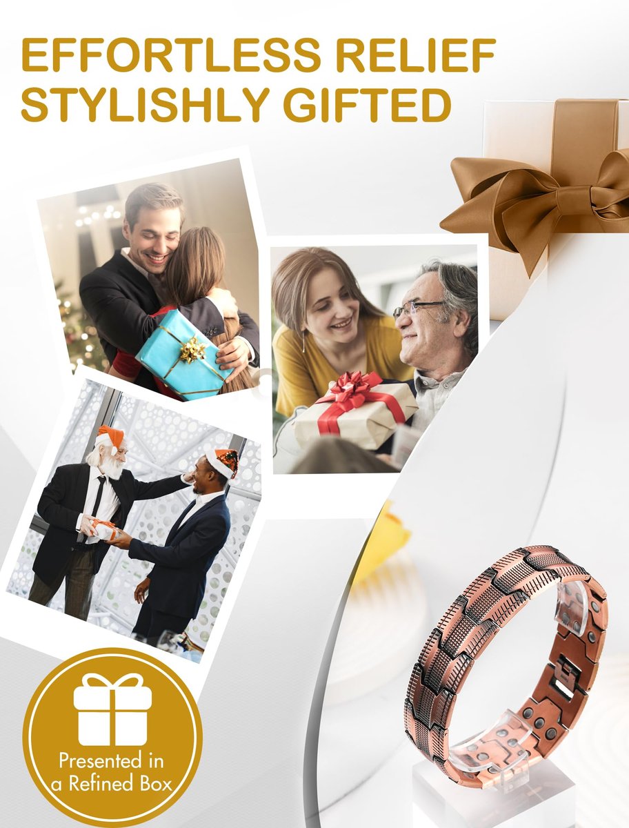 Feraco Copper Magnetic Bracelets for Men, 99.99% Pure Copper Bracelet with 3 Row Neodymium Magnets, Men's Jewelry Gifts - görsel 7
