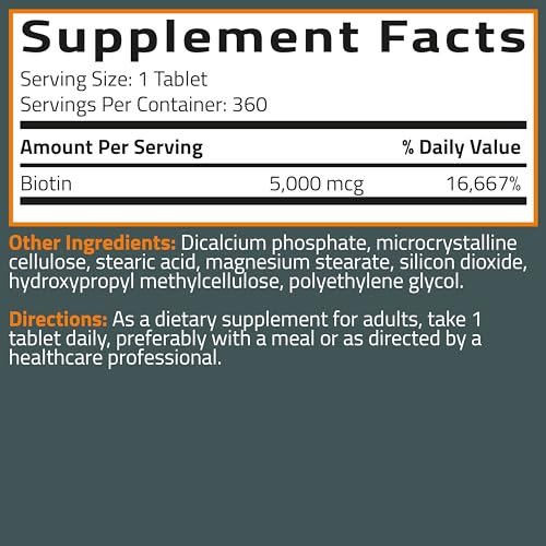 Bronson Biotin 5,000 MCG Supports Healthy Hair, Skin & Nails & Energy Production - High Potency Beauty Support - Non-GMO, 360 Vegetarian Tablets - görsel 1