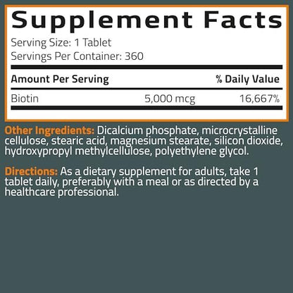 Bronson Biotin 5,000 MCG Supports Healthy Hair, Skin & Nails & Energy Production - High Potency Beauty Support - Non-GMO, 360 Vegetarian Tablets