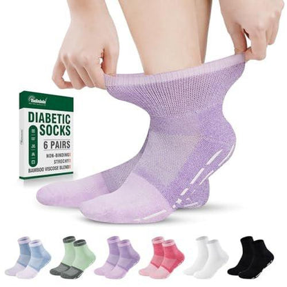 Bulinlulu Diabetic Hospital Socks with Grips for Men Women, 6 Pairs Non Binding Diabetic Ankle Slipper Socks Size 9-11 (Bright-Medium)