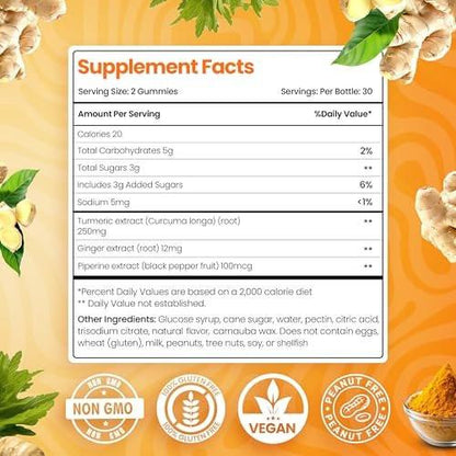 BeElevated Curcumin Turmeric Gummies – Turmeric Extract and Ginger Supplement Gummies – Vegan, Non-GMO, with Black Pepper – 60 Count – Peach Flavor – 30-Day Supply