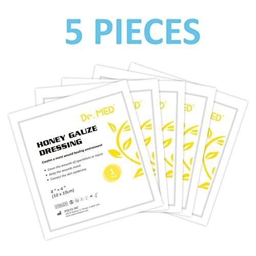 Dr. Med Manuka Honey Gauze Dressing 4" x 4", (5 PCS/Box) Honey Medical Bandage Wound Care Patch for Minor Abrasions, Cuts, Lacerations, Scald and Burns for Wound Healing, Chemical and Drug Free - görsel 1