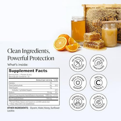 Propolis Liposomal Vitamin C by Beekeeper's Naturals, 1000mg Vitamin C, Propolis & Organic Honey, Supercharged Immune Support & Increased Bioavailability for Max Absorption, 12 Ct