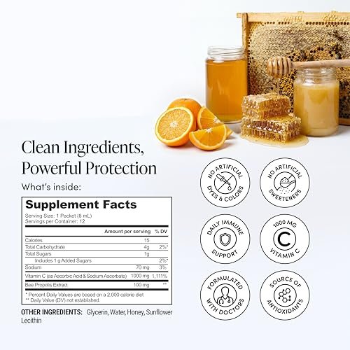 Propolis Liposomal Vitamin C by Beekeeper's Naturals, 1000mg Vitamin C, Propolis & Organic Honey, Supercharged Immune Support & Increased Bioavailability for Max Absorption, 12 Ct - görsel 7