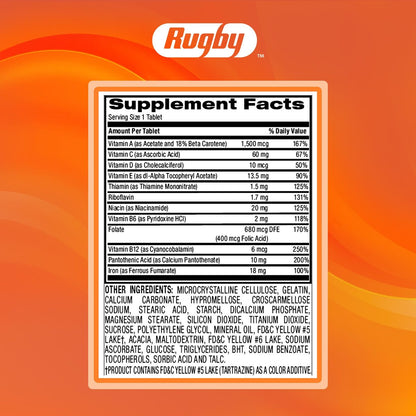 Rugby Tab-A-Vite Multivitamin with Iron and Beta-Carotene - Daily Multivitamin for Adults, Supports Overall Health, Multimineral Supplement - 100 Tablets
