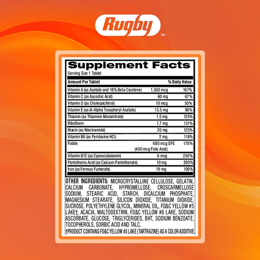 Rugby Tab-A-Vite Multivitamin with Iron and Beta-Carotene - Daily Multivitamin for Adults, Supports Overall Health, Multimineral Supplement - 100 Tablets
