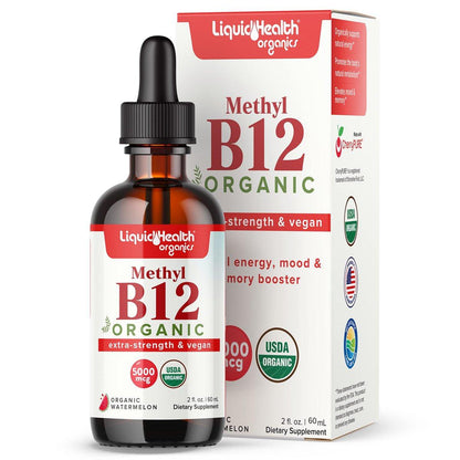 LIQUIDHEALTH USDA Organic Methyl Vitamin B12 Methylcobalamin Liquid Drops with Tart Cherry Juice - Boost Energy, Immune Support, Improve Memory & Concentration - USA Made, Vegan, Non-GMO (2 oz)