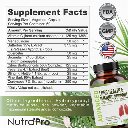 Lung Health & Immune Support Supplement - Lung Cleanse and Detox With Immunity Vitamins For Better Lungs, Immune Defense, Clear Lungs & Deep Breathing Including Quercetin & Cordyceps - Two Months Supply