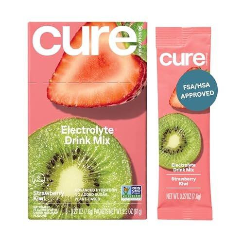 Cure Hydration Plant-Based Electrolyte Drink Mix | No Added Sugar | Dehydration Relief | Coconut Water Powder | FSA-HSA Eligible | Non-GMO, Vegan | 8 Packets – Strawberry Kiwi - görsel 2