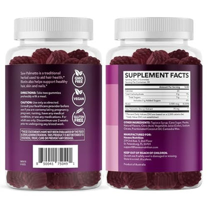 Saw Palmetto for Women with 2500mcg Biotin - DHT Blocker and Hair, Skin, Nail Health Gummies - 60 Count - Supports Stronger and Fuller Looking Locks and Radiant Skin - Vegan, Non-GMO, 1 Month Supply