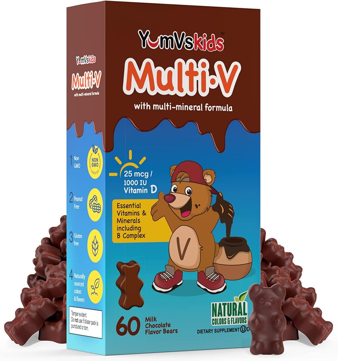 YUM-V'S Kids Multivitamin Chewable Chocolate Bears - Multivitamin for Kids Supplement - 16 Vitamins & Minerals - Vitamins Including D, Zinc, C, B Complex & More, 60 Count (Pack of 2) - görsel 5