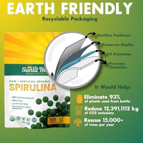Sunlit Best Spirulina Tablets - Organic Spirulina Tablets USDA Premium 500 Count - Natural Spirulinas Organic Burst for Immune Support Muscle Growth, Energy Boost w/Chlorophyll - High Protein, Non GMO - görsel 2