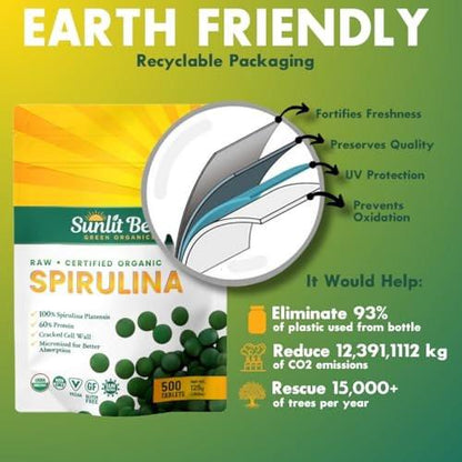 Sunlit Best Spirulina Tablets - Organic Spirulina Tablets USDA Premium 500 Count - Natural Spirulinas Organic Burst for Immune Support Muscle Growth, Energy Boost w/Chlorophyll - High Protein, Non GMO