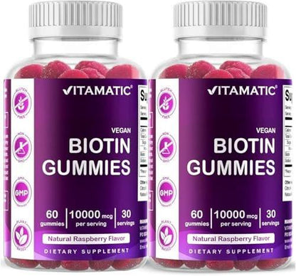 Vitamatic Biotin Gummies 10,000 mcg for Stronger Hair, Skin & Nails - 60 Vegan Gummies - Also Called Vitamin B7 (2 Bottles)