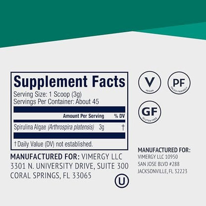 Vimergy Spirulina Powder – Concentrated Plant Protein Supports Immune Health & Cardiovascular Function – Vegan, Kosher, Gluten-Free – 135g