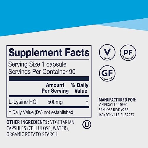 Vimergy L-Lysine – Promotes Healthy Skin, Hair & Nails* – Supports Healthy Metabolism* – Vegan, Non-GMO & Gluten-Free – 90 Capsules - görsel 1